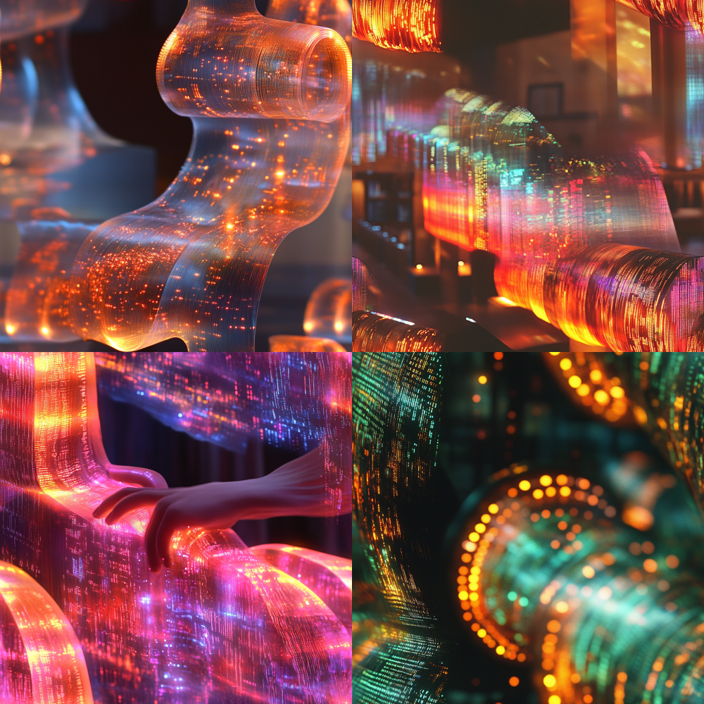 Telescoping loom structure with phosphorescent optical fibers, growth rings woven into binary code patterns, LED pulses mapping real-time air pollution index, cyber-textile monument --tile --s 750