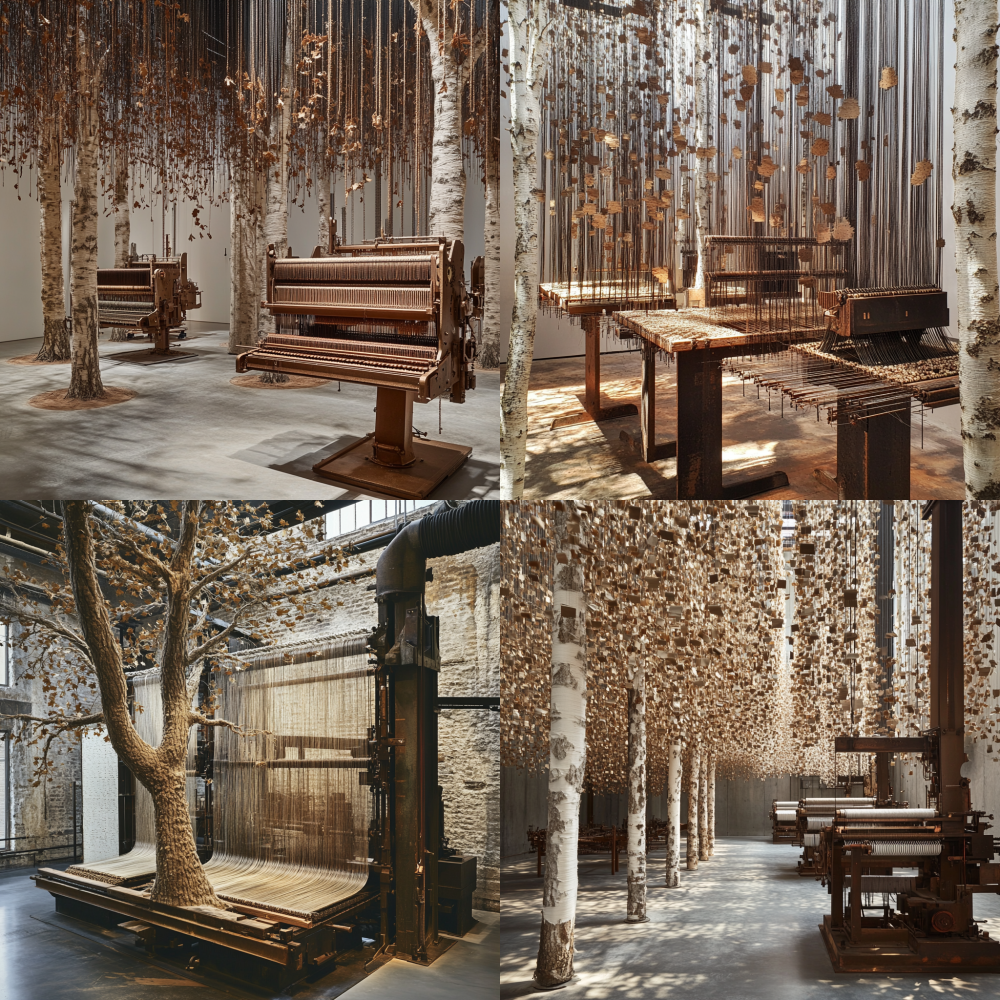 Deconstructed Jacquard looms rebuilt as steel trees, shuttles darting through warp threads to weave bark textures, loom punch cards transformed into falling leaves, industrial archaeology grove --style raw