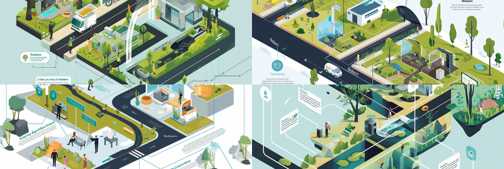 < https://oc.superx.chat/img/1749485163528.jpg > /imagine prompt: Wide panoramic isometric view, eco-friendly community recycling service flowchart panorama with 8 consecutive steps: 1) (Left) Family at home sorting food scraps into countertop bin, recycling icon. 2) Person using mobile app with map showing drop-off pins and schedule. 3) Factory with fermentation tanks and conveyor belts producing dark fertilizer. 4) Smartphone screen displaying green plant shop with point balance and "Redeem" button. 5) Delivery van driver handing potted plant and fertilizer bag to user at doorstep. 6) Resident placing plants on communal shelf in park area. 7) Vibrant community green corner with multiple plants, bench, butterflies. 8) (Right) Person taking photos on phone in green area with social media icons floating. Arrows connecting scenes, flat 2.5D vector style, pastel color palette, white background, clean infographic. --ar 3:1 --v 6
