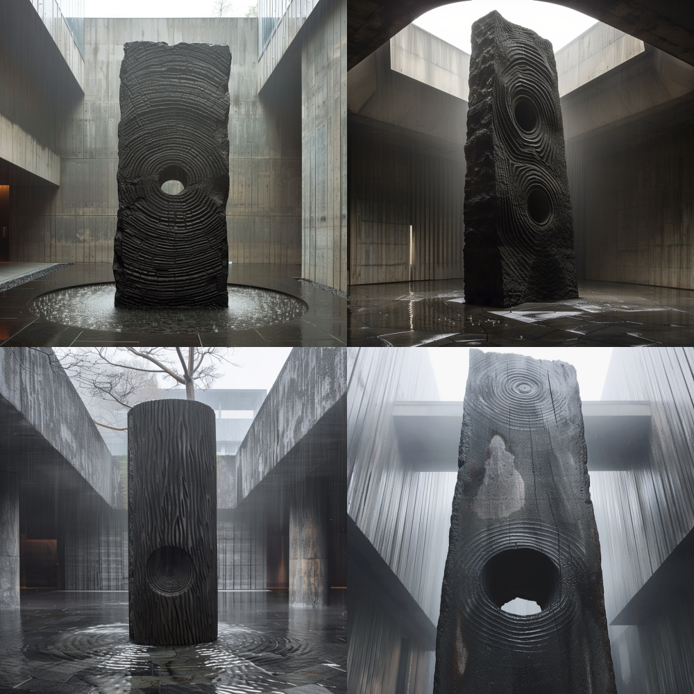Basalt monolith carved with concentric grooves mimicking tree rings, standing in mist-filled concrete void, top surface pooling rainwater reflecting skylight, brutalist monumentality --v 6.0
