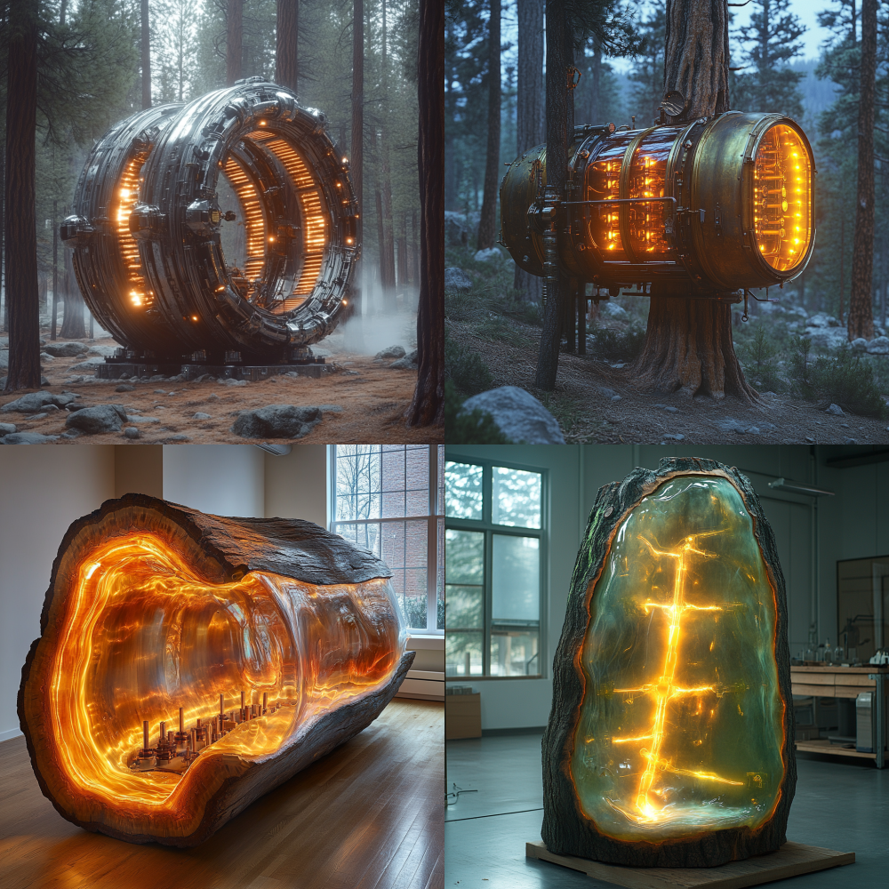 Giant sequoia trunk encased in pulsating hydraulic armature, piston rods mimicking xylem vessels pumping fluorescent fluid, steam venting from bark fissures, biomechanical steampunk --s 750