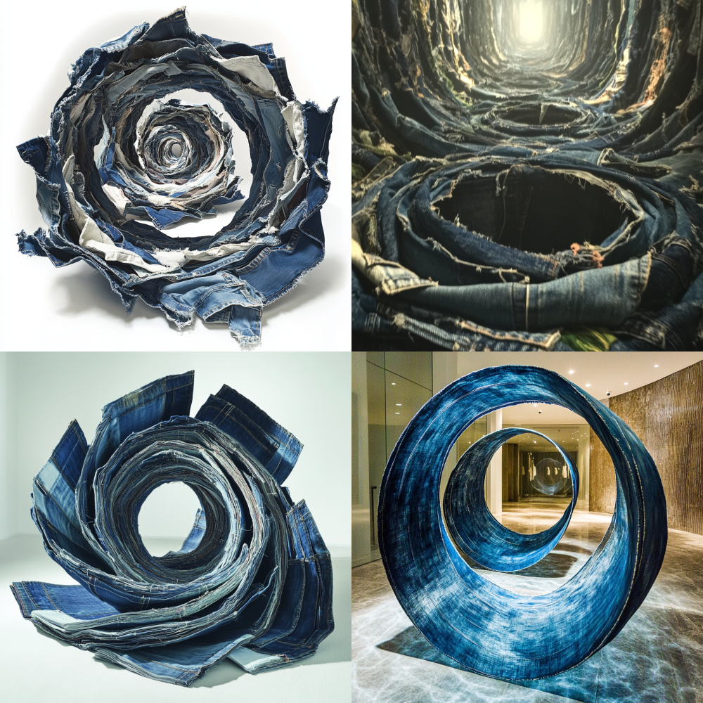 Levitating denim scraps forming concentric rings, electromagnetic nodes replacing stitches to connect fabric fragments, recycled textile topography with elevation gradients, sustainable futurism --weird 200
