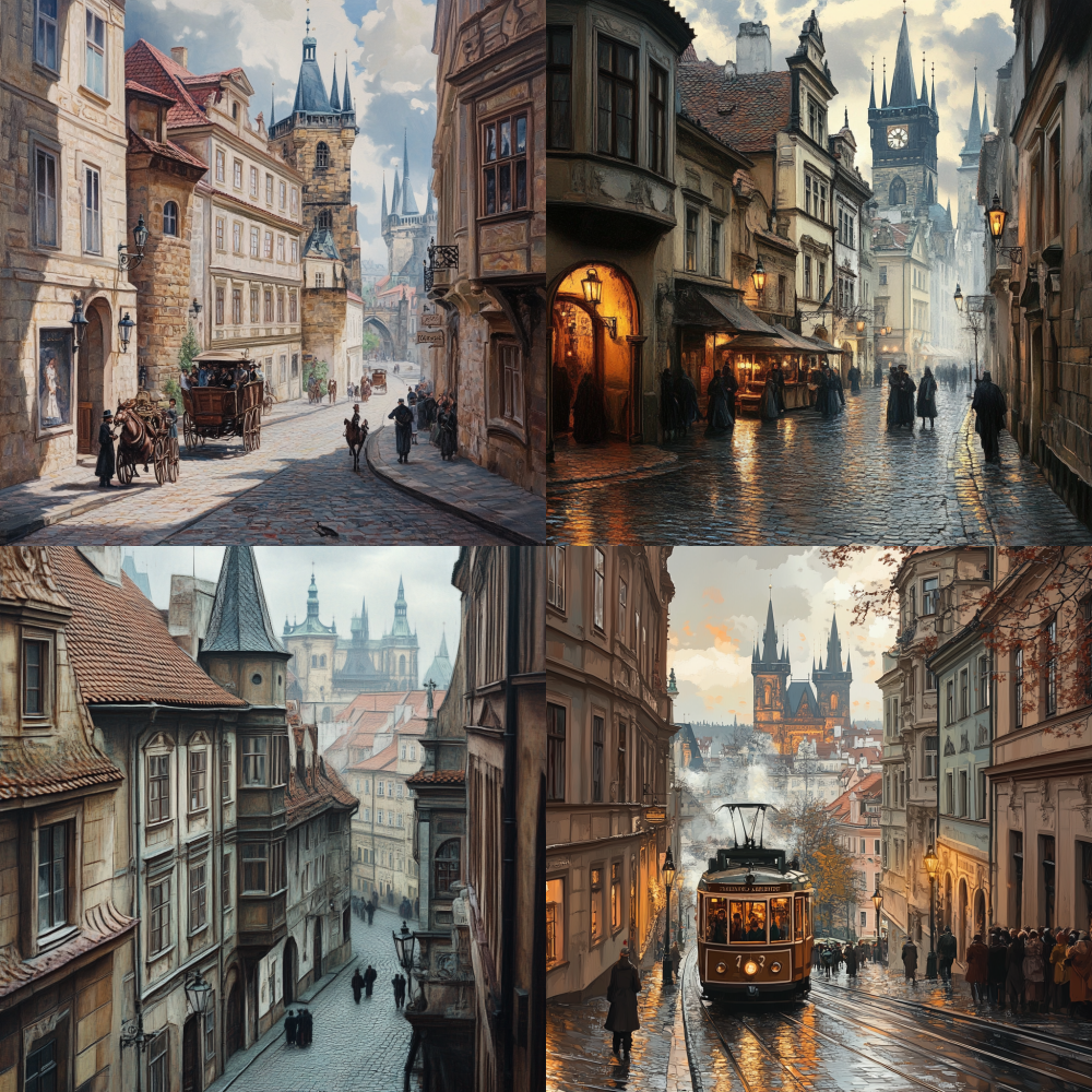 The streets of Prague in the century. Realistic picture, color, classical 19