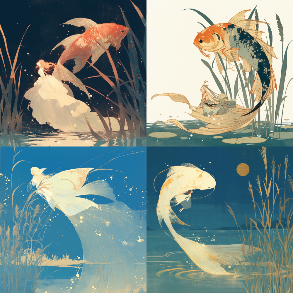 A fish shaped fairy leaped out of the water, its tail resembling a silk dress, with river water and reeds in the background --niji