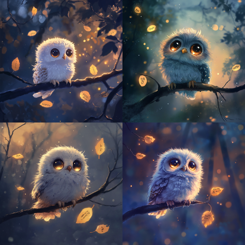A fluffy baby owl perched quietly on a tree branch at night, with round eyes glowing gently and firmly. Its feathers are slightly fluffed, like a soft cloud, and its claws grip the branch firmly yet relaxed. A few leaves are floating in front of it, each inscribed with words like ‘goal’, ‘plan’, and ‘companionship’. In the distance, there is a blurred forest and twinkling stars, symbolizing an uncertain future. The owl’s gaze is directed towards the horizon, filled with hope and patience. The overall tone of the image is soft, dominated by blue-gray hues, with warm orange-yellow light adding a sense of tranquility, security, and strength.”