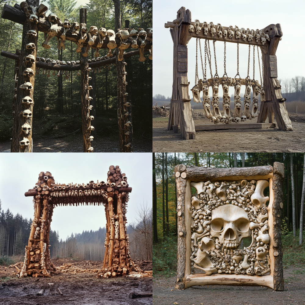 Logging site, serrated wooden frame decorated with animal bones, steel reinforced bearings