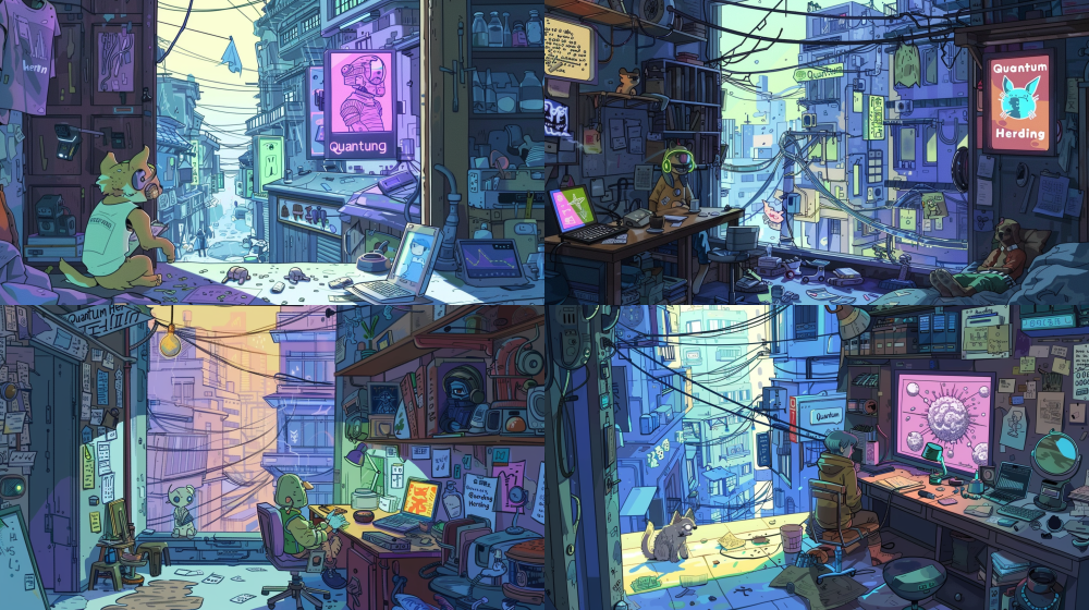 < https://oc.superx.chat/img/1749479071289.png > 2D flat illustration, isometric 30-degree view, Border Collie scholar's room with desk pressed directly against window, anthro dog sitting at desk facing neon cityscape through rain-streaked glass, composition elements: - Desk: holographic tablet showing brainwave patterns, scattered carrot-shaped cookies, dismantled fake ear device with coiled springs - Window: full-frame view of Neon White Tower's geometric purple glow with raindrops forming DNA strand patterns - Surroundings: bookshelf (overflowing with "Quantum Herding" textbooks), unmade bed with wrinkled DNA-print sheets, circular paw-print rug, wall pinned with torn exam papers and canine anatomy charts;Color scheme: warm amber desk lamp vs cool purple city lights, soft pastel palette with bold outlines, stylized rain effects as dotted lines --ar 16:9 --v 6
