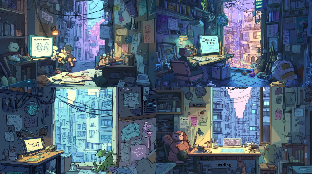 < https://oc.superx.chat/img/1749479690413.png > 2D flat illustration, indoor view, Border Collie scholar's room with desk pressed directly against window- Desk: holographic tablet showing brainwave patterns, scattered carrot-shaped cookies, dismantled fake ear device with coiled springs - Window: full-frame view of Neon White Tower's geometric purple glow- Surroundings: bookshelf (overflowing with "Quantum Herding" textbooks), unmade bed with wrinkled DNA-print sheets, circular paw-print rug, wall pinned with torn exam papers and canine anatomy charts Color scheme: warm amber desk lamp vs cool purple city lights, soft pastel palette with bold outlines, stylized rain effects as dotted lines --ar 16:9