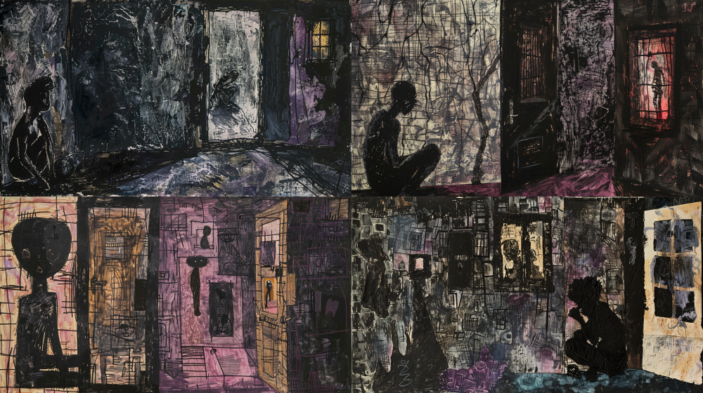 Raw Outsider Art style, Jean Dubuffet influence, sense of persecution and unseen threat. A figure crouches defensively in a corner of a room filled with dense, dark cross-hatching (like bars or shadows). Peepholes or cracks in the walls glow with an ominous light. Distorted, shadowy figures are barely suggested in the gloom outside windows/door. Heavy use of black, charcoal grey, deep purple. Childlike but terrifying depiction. --ar 16:9 --v 6.0 --style raw