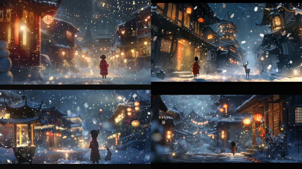 An emotional, magical animated scene. In the midst of a snowy night, a little girl named Ella lights the wick inside a traditional Chinese paper carousel lantern (Zou Ma Deng) using a small glowing oil lamp. Instantly, the lantern begins to spin. Silhouettes on the lantern walls — an elegant Chang’e, a lively reindeer, and a gentle snowman — come to life. The shadows escape the lantern, transforming into glowing light spirits swirling upward with the snow and wind, dancing into the sky. As they ascend, the sleeping street slowly awakens. One by one, windows begin to glow with warm light — gas lamps, oil lamps, candles — creating a radiant river of light that flows through the once-dark, frozen street. The blizzard still swirls, but the scene is now filled with hope, warmth, and wonder. Storybook illustration, Studio Ghibli + Chinese folklore + winter fairytale style, cinematic lighting, flowing movement, glowing particles, emotionally charged atmosphere. --ar 16:9 --v 6 --style raw