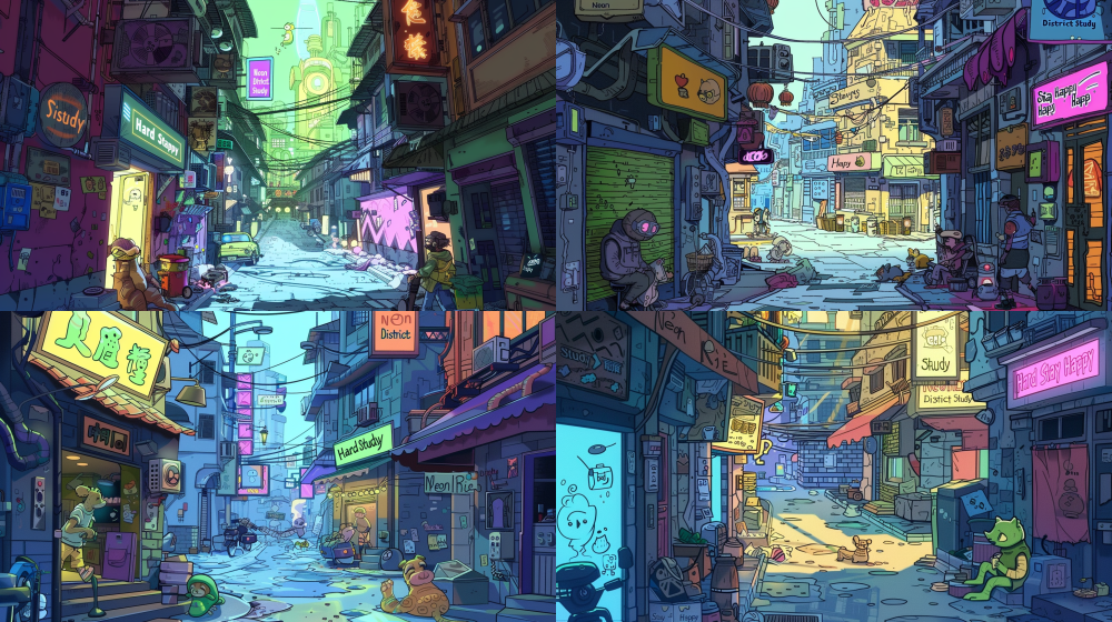 < https://oc.superx.chat/img/1749483198237.png > 2D side-scroller street scene, cartoon neon-lit avenue between colorful apartment towers, geometric central spire glowing violet at horizon, left and right buildings feature: - Stylized animal silhouettes in square windows - Bright signs with vegetable icons and "Neon District" text - Decorative pipes dripping colorful liquid Foreground details: - Discarded pet accessory charger with cute stickers - Holographic billboard cycling between "Study Hard" and "Stay Happy" messages - Road patterns with geometric shapes Art style: flat perspective with bold outlines, solid color blocks, retro game aesthetic --ar 16:9 --v 6