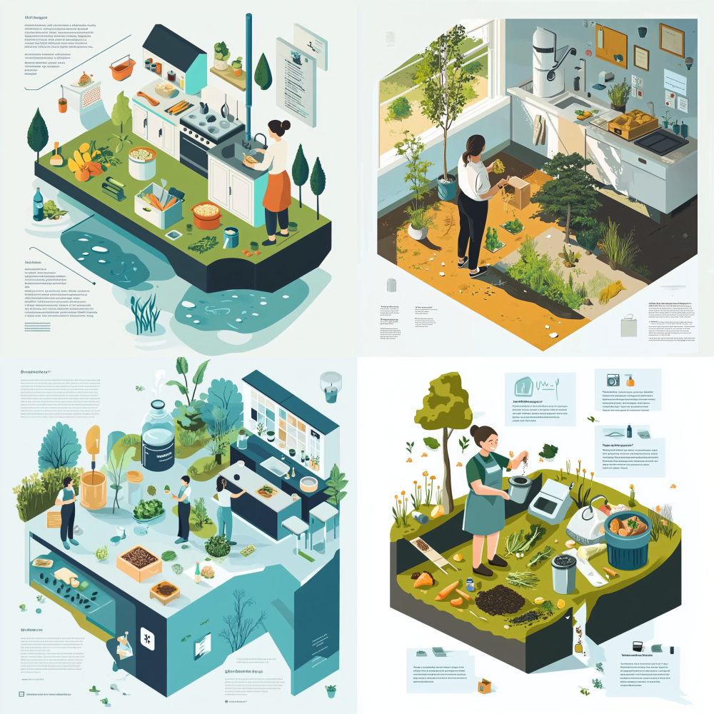 < https://oc.superx.chat/img/1749484825438.jpg > isometric view, home kitchen scene, family member placing food scraps into designated small compost bin container, recycling icon, 2.5D vector, clean lines, flat colors