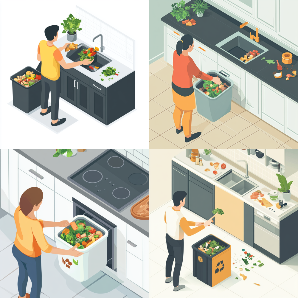 isometric view, home kitchen scene, family member placing food scraps into designated small compost bin container, recycling icon, 2.5D vector, clean lines, flat colors