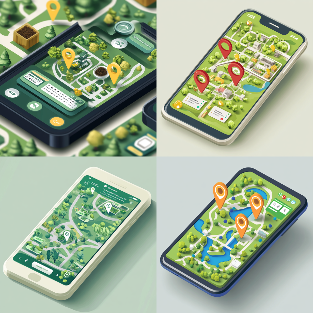 isometric view, close-up of smartphone screen showing user interface app, map with marker pins for compost drop-off locations, calendar schedule icon, touch interaction finger tap, notification badge, 2.5D UI, vector