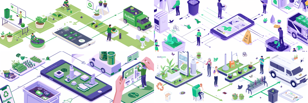 Wide panoramic isometric view, eco-friendly community recycling service flowchart panorama with 8 consecutive steps: 1) (Left) Family at home sorting food scraps into countertop bin, recycling icon. 2) Person using mobile app with map showing drop-off pins and schedule. 3) Factory with fermentation tanks and conveyor belts producing dark fertilizer. 4) Smartphone screen displaying green plant shop with point balance and "Redeem" button. 5) Delivery van driver handing potted plant and fertilizer bag to user at doorstep. 6) Resident placing plants on communal shelf in park area. 7) Vibrant community green corner with multiple plants, bench, butterflies. 8) (Right) Person taking photos on phone in green area with social media icons floating. Arrows connecting scenes, flat 2.5D vector style, pastel color palette, white background, clean infographic. --ar 3:1 --v 6