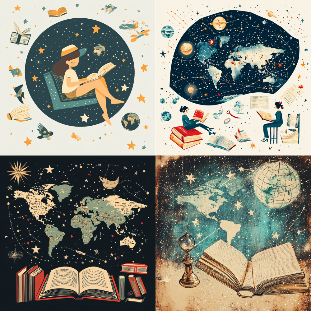Please generate an image containing elements of stars, reading, books, and traveling around the world, with dimensions, horizontal layout, and a light background color A4