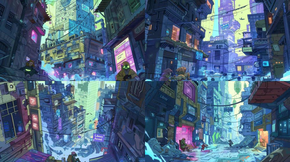 < https://oc.superx.chat/img/1749560359874.png > 2D flat illustration, extreme low-angle view of Neon White Spire, towering geometric skyscraper with: - Facade: Glowing violet hexagonal panels with floating holographic data streams- Base: Massive triangular support columns emitting soft blue light - Windows: Grid of illuminated square portals showing tiny scholar silhouettes - Rooftop: Pulsing beacon forming a stylized dog paw shape Surrounding elements: - Floating advertisement discs projecting carrot and book icons - Swirling acid rain streaks as dotted white lines - Discarded data pad falling past camera (displaying "Library Access Granted") Art style: - Bold 1pt black outlines - Limited 5-color palette (purple/blue/white/orange/gray) - No perspective distortion (true front view) --ar 16:9 --v 6 --no human