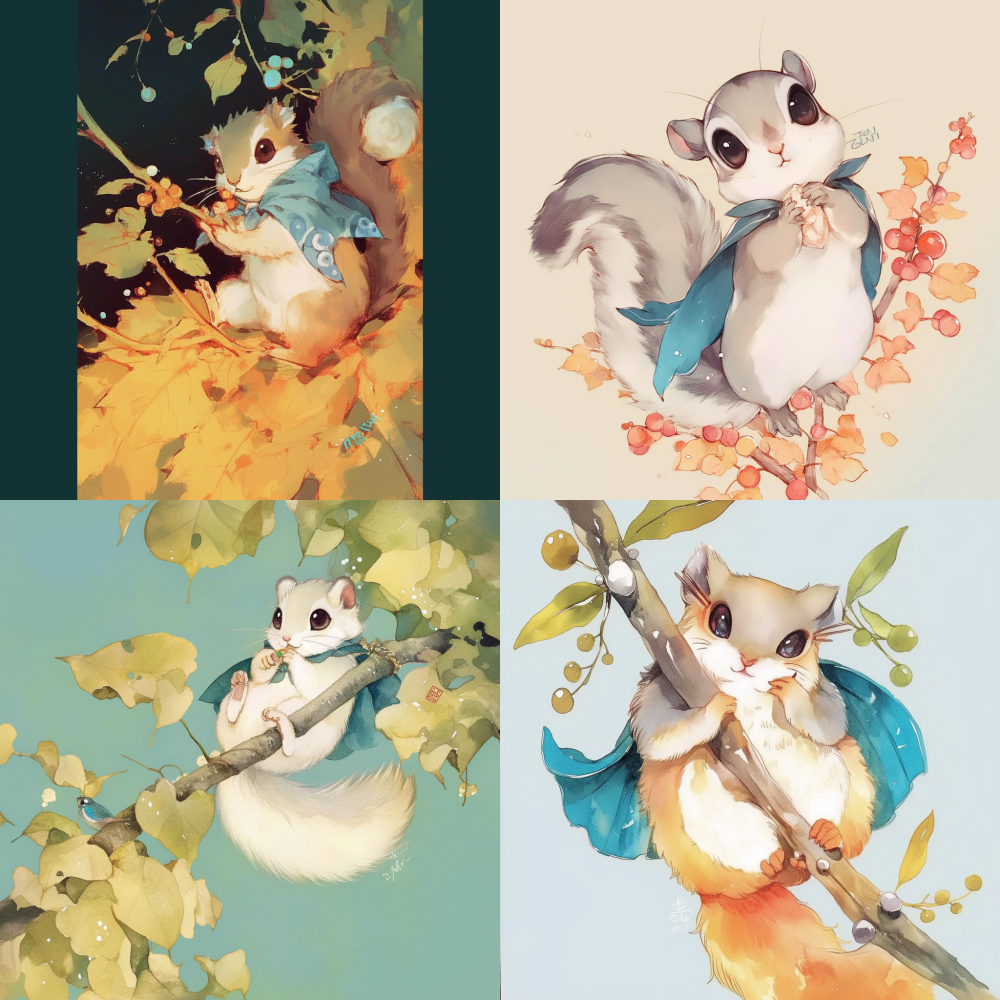 < https://oc.superx.chat/img/1749554665250.png > A cute flying squirrel is flying among the woods, with its tail tip resembling honey --niji