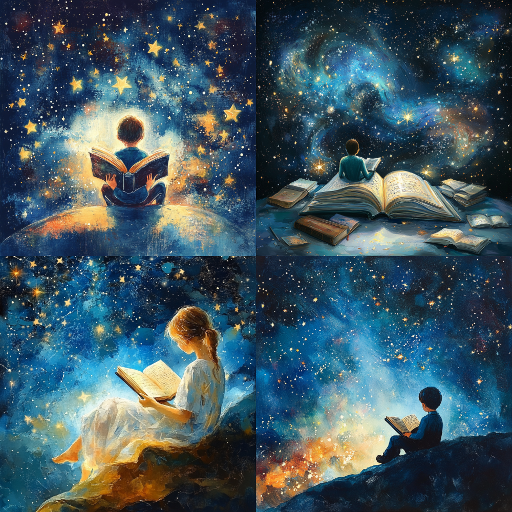 Design a picture that includes the elements of stars and reading around the world, with a light base color and Impressionist style