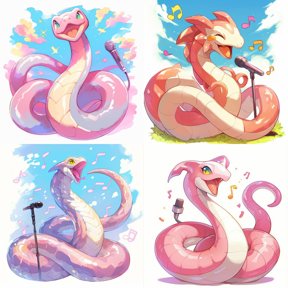< https://oc.superx.chat/img/1749655852701.png > A cute white snake Pokémon singing happily, its tail is with a microphone --niji