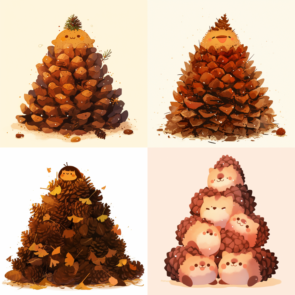 A pile of pine cones forms a mountain, with a cute smiling chestnut on top --niji