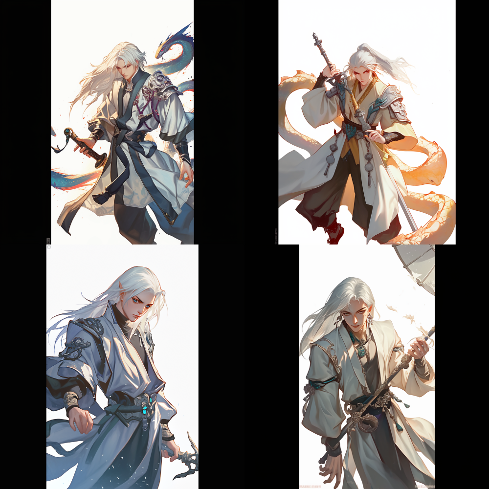 < https://oc.superx.chat/img/1749741407036.png > High detail, ultra-high quality, Unreal Engine, White hair,Serpent People,Wearing ancient Chinese clothing, The clothes have traditional Chinese patterns and patterns,There is a snake in the right upper arm,Holding a sword in my left hand,There are snake scales on his body --niji