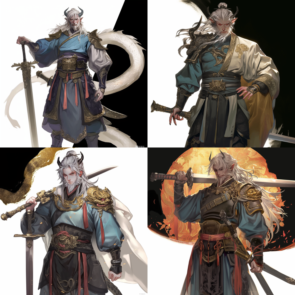 < https://oc.superx.chat/img/1749741781293.jpg > High detail, ultra-high quality, Unreal Engine, White hair,snake man,Wearing ancient Chinese clothing, The clothes have traditional Chinese patterns and patterns,There is a snake in the right upper arm,Holding a sword in my left hand,There are snake scales on his body --niji