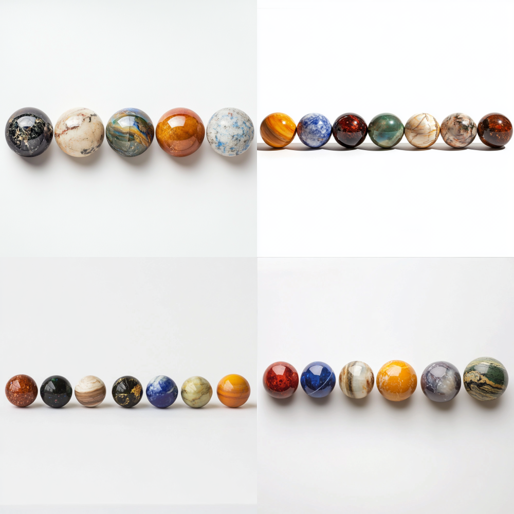 The stones of the eight major planets are arranged in a row against a white background