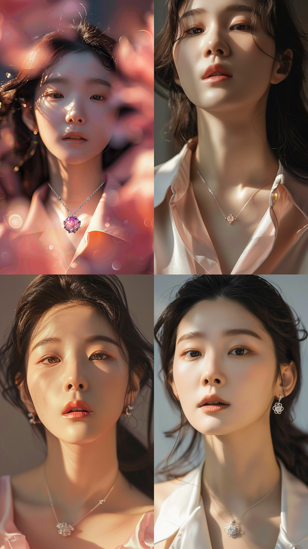 < https://oc.superx.chat/img/1749747953071.png > intricate hexagonal cartier pink gemstone cut pendant, illustration by midjourney, delicate platinum chain necklace, close up product photography, symmetrical knot with sparkling diamonds, below pink gemstone pendant, elegant minimalist necklace with korean elements, high resolution product image, pink gemstone pendant necklace ad editorial, trendy fashion model wearing jewellery, luxury cartier. necklace with knot, conceptual advertisement, beautiful korea female model, resembling Jang Wonyoung and Ahn Yujin of IVE, about 20years old, wearing blue gemstone knot necklace, studio photoshoot, cartier gemstone pendant with knot motif, photorealistic 3D rendering, diamond encrusted knot and cartier pink gem, ray traced lighting render, cinematic lighting --v 6.0 --ar 9:16 --raw