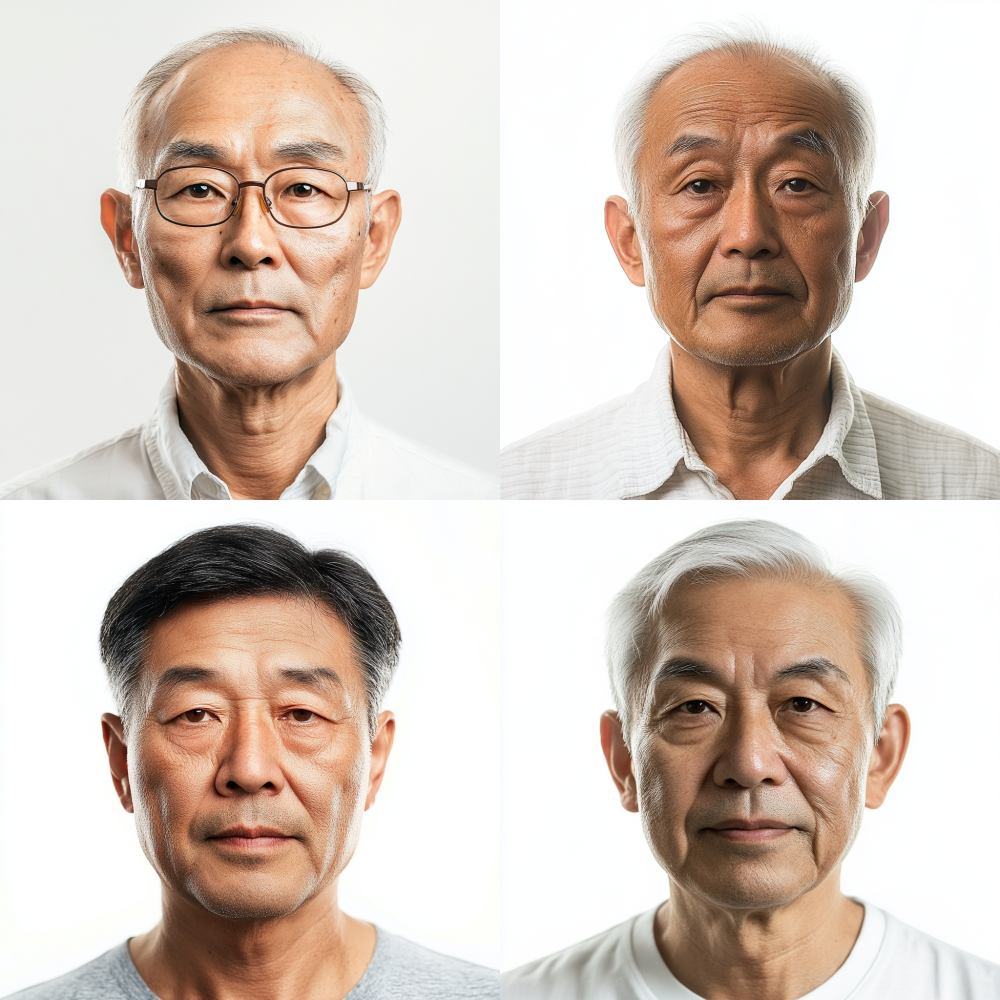 Generate an Asian middle-aged and elderly person, male, with a straight face, thin, high-quality, white background
