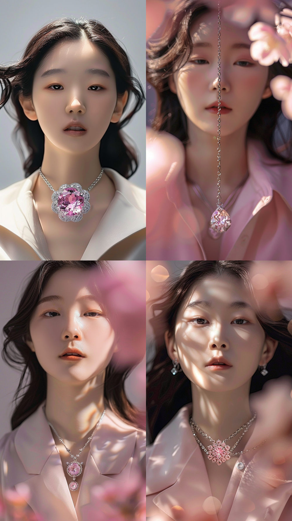 < https://oc.superx.chat/img/1749747953071.png > intricate hexagonal cartier pink gemstone cut pendant, illustration by midjourney, delicate platinum chain necklace, close up product photography, symmetrical knot with sparkling diamonds, below pink gemstone pendant, elegant minimalist necklace with korean elements, high resolution product image, pink gemstone pendant necklace ad editorial, trendy fashion model wearing jewellery, luxury cartier. necklace with knot, conceptual advertisement, beautiful korea female model, resembling Jang Wonyoung and Ahn Yujin of IVE, about 20years old, wearing blue gemstone knot necklace, studio photoshoot, cartier gemstone pendant with knot motif, photorealistic 3D rendering, diamond encrusted knot and cartier pink gem, ray traced lighting render, cinematic lighting --v 6.0 --ar 9:16 --raw