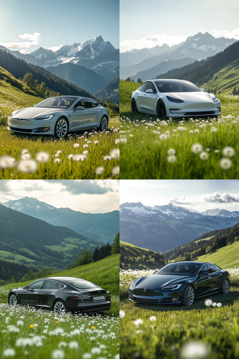A Tesla sedan is driving on the summer grass, with mountains in the distance and light green grass, and many white dandelion flowers on the nearby grass. Summer cool style, the whole picture is fresh and natural, with some sunshine. Highlight the main body of the car, with a certain depth of field --ar 6:9