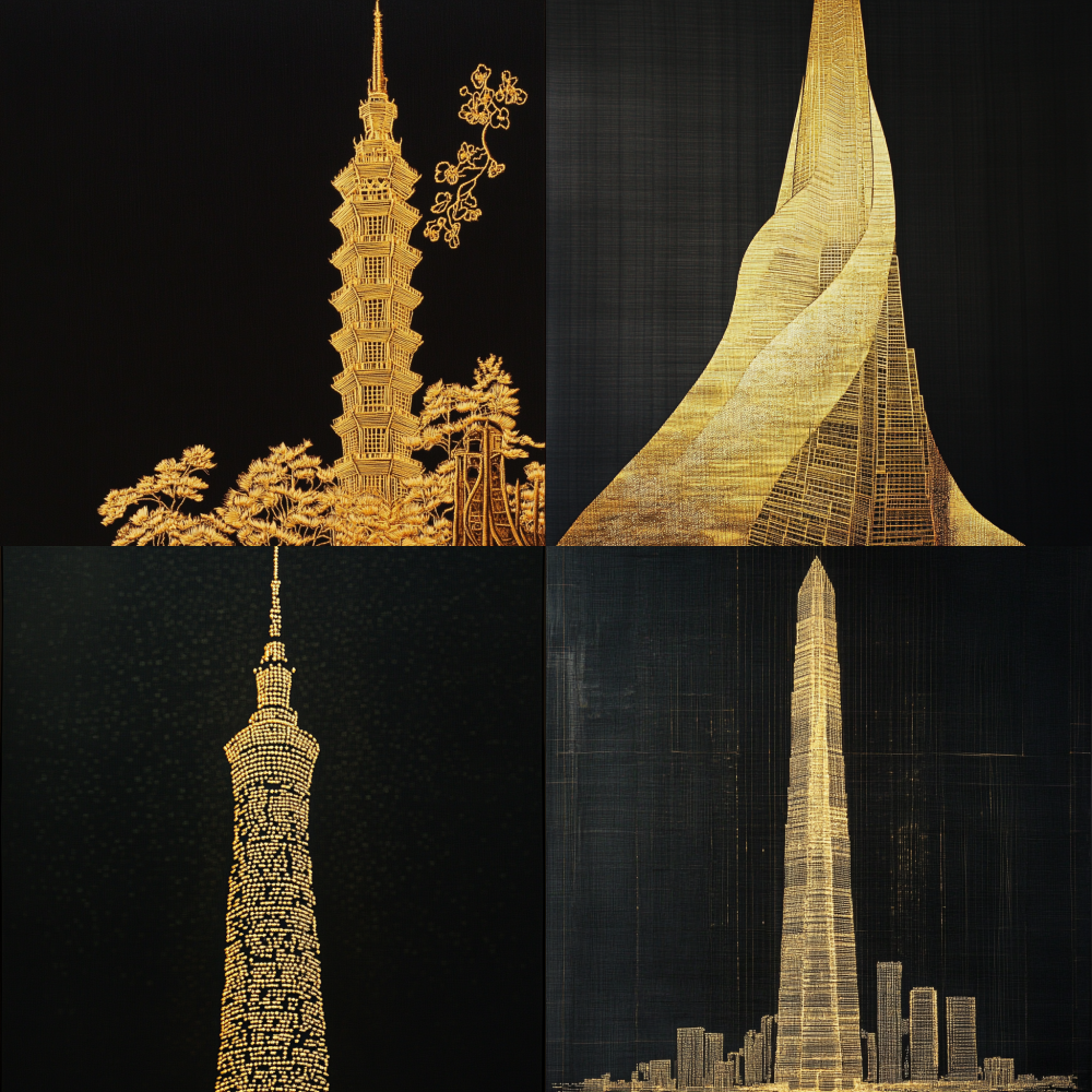 Gold thread embroidery on the Guangzhou Tower building, with a black background
