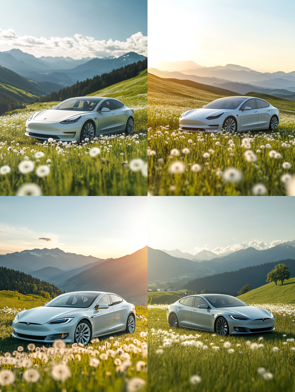 A Tesla sedan is driving on the summer grass, with mountains in the distance and light green grass, and many white dandelion flowers on the nearby grass. Summer cool style, the whole picture is fresh and natural, with some sunshine. Highlight the main body of the car, with a certain depth of field --ar 3:4