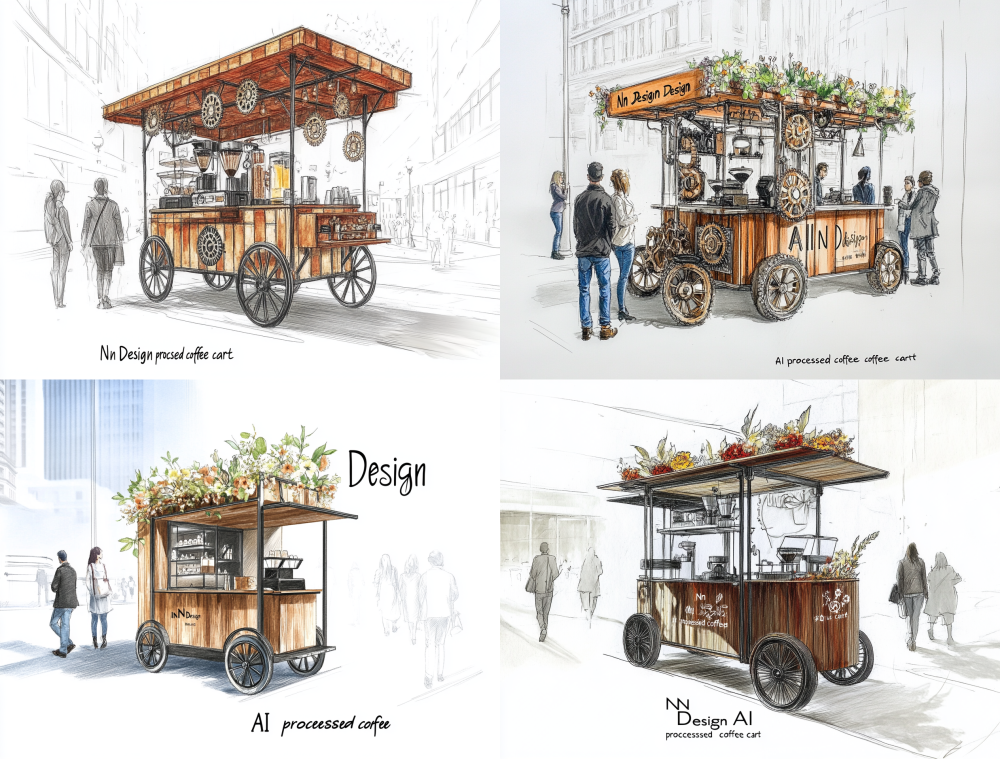 create an exquisite architectural sketch of the exterior for "Nn Design AI processed coffee cart" nestled in the vibrant streets of San Francisco, showcasing intricate industrial gears and warm wood accents. The scene should depict people leisurely strolling around the cart, captured from a captivating eye-level perspective. Incorporate elegant text at the bottom right that reads 'AI floral design' and a bold title at the top stating AIGC 2045. Utilize soft, natural lighting to accentuate the rich textures and materials, crafting a lifelike effect with delicate pencil lines and sophisticated shading. --ar 128:97