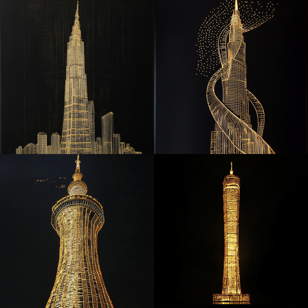 Gold thread embroidery on the Guangzhou Tower building, with a black background