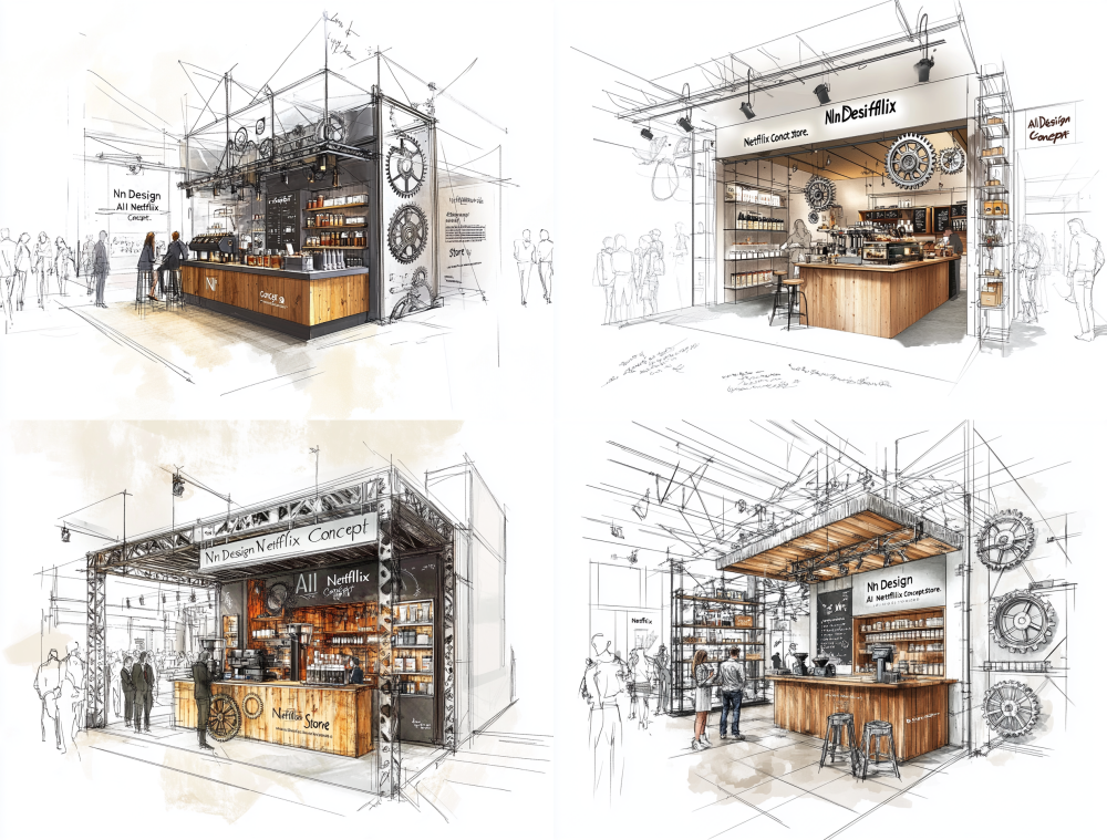 A beautifully detailed sketch of the exterior design for an industrial coffee kiosk, showcasing intricate gears and cogs. Inside, a vibrant scene unfolds with people mingling around a rustic wooden countertop, set against a backdrop of polished concrete floors and pristine white walls. The elegant text "Nn Design" graces one wall, while a stylish sign announces the "AI Netflix Concept Store." In the foreground, a delicate line drawing illustrates an array of exquisite products displayed on charming shelves. Outside, curious onlookers admire the enticing product showcase. Surrounding the layout are artistic sketches and hand-drawn lines, elegantly depicting how each section harmoniously integrates into the overall space. --ar 128:97