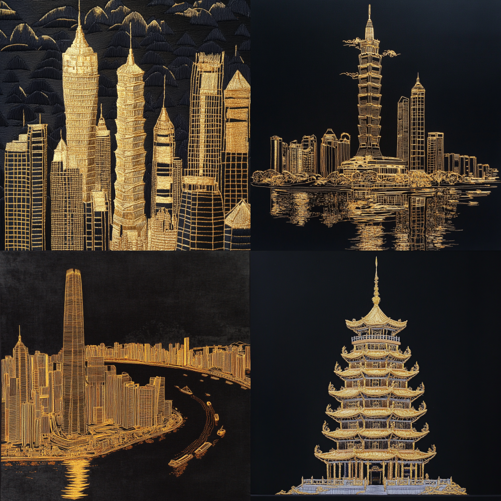 Guangzhou Zhenhai Tower gold thread architectural embroidery, black background