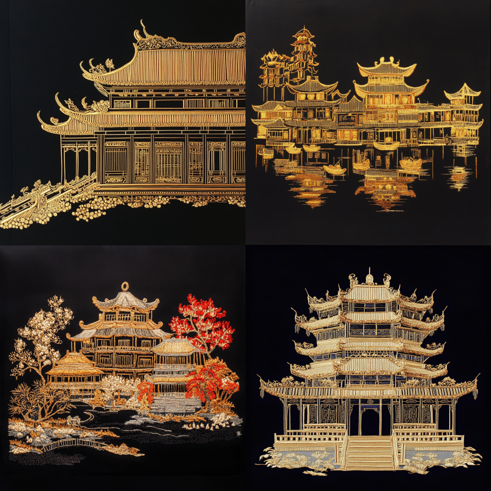 Guangzhou Lingnan architecture gold thread embroidery, black background