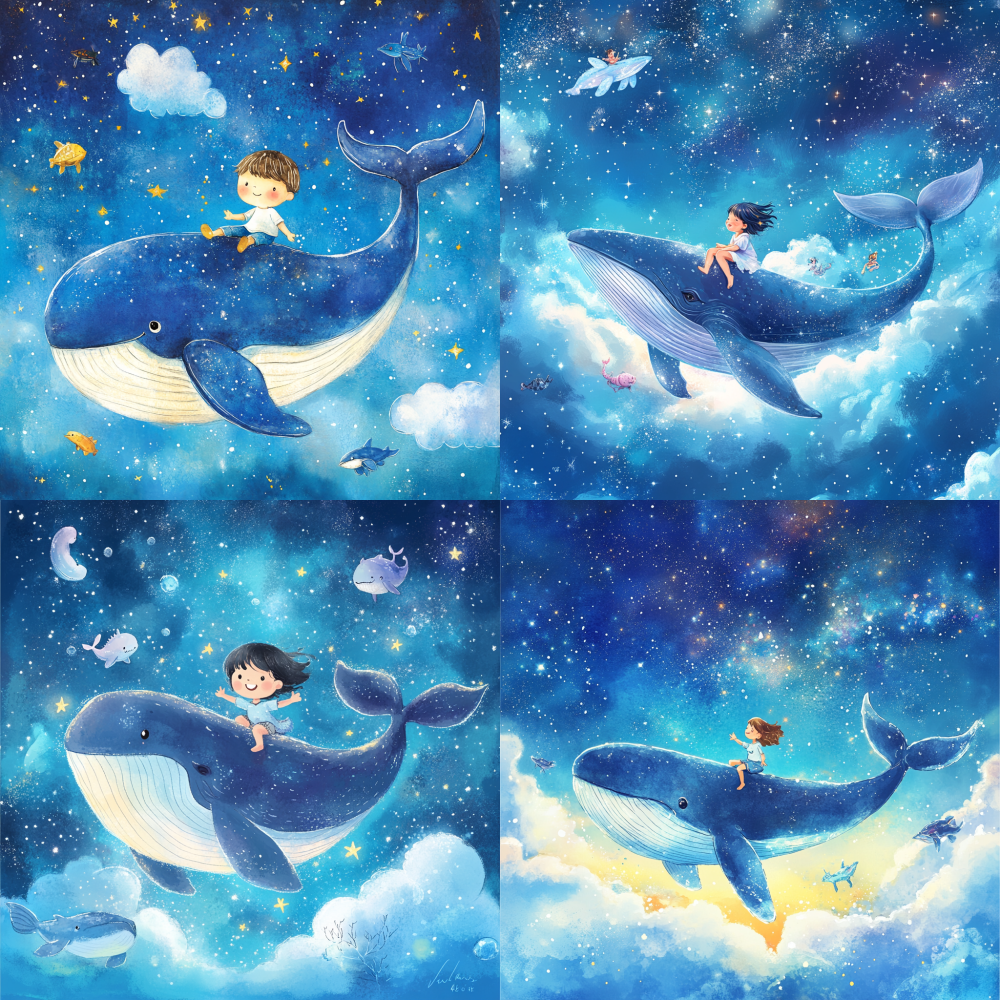 Children's book cover design, a happy child riding on the back of a blue whale, with the blue whale, sky, white clouds, and marine creatures floating on the starry galaxy. The background is made of salt grains to create a starry crystal effect, cartoon style, watercolor painting, ultra high definition, image ratio of, pixel size 34k1:14000*4000