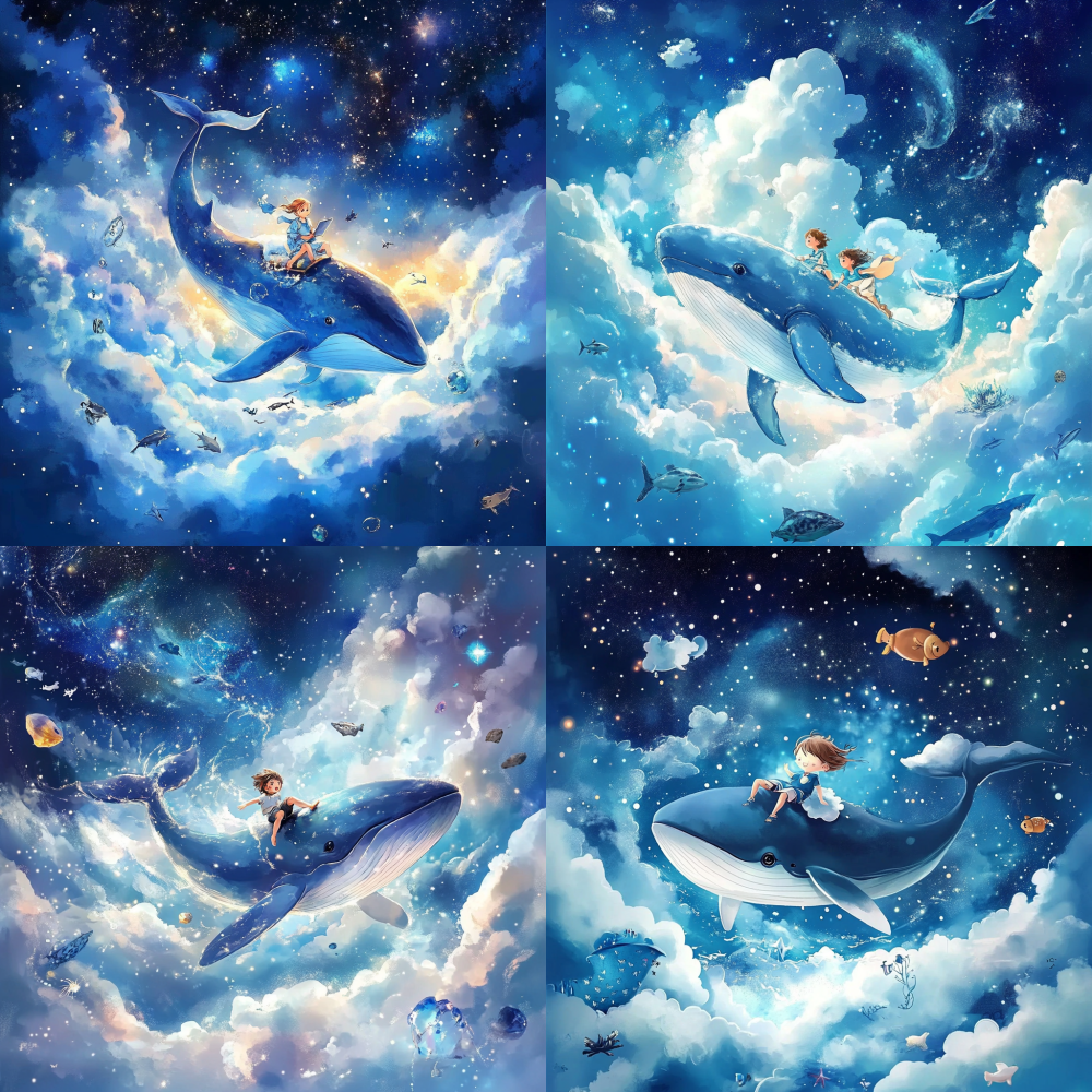Children's book cover design, a happy child riding on the back of a blue whale, with the blue whale, sky, white clouds, and marine creatures floating on the starry galaxy. The background is made of salt grains to create a starry crystal effect, cartoon style, ultra high definition, image ratio, pixel size < https://oc.superx.chat/img/1749797104416.jpg > 34k1:14000*4000
