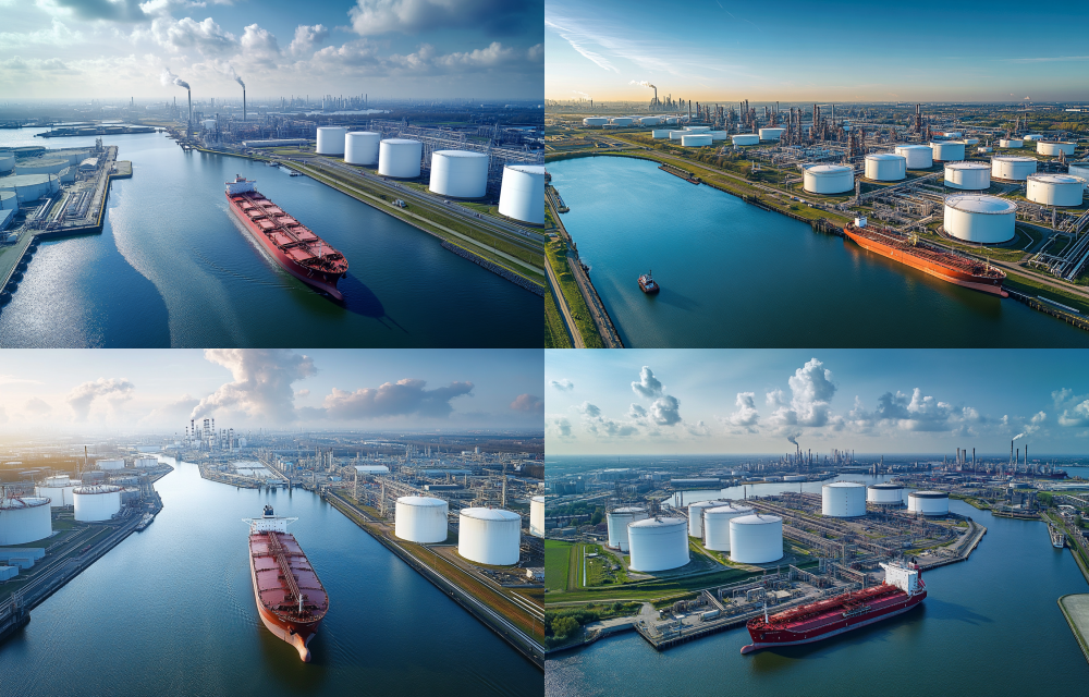 A breathtaking aerial perspective of a bustling port area, featuring majestic oil storage tanks and a striking empty red cargo ship. The expansive industrial harbor unfolds beneath a brilliant blue sky, captured in a wide-angle view during the vibrant daylight hours. The azure waters reflect the dynamic activity of a modern Dutch harbor, adorned with elegant white silos and grand canals in the backdrop. The scene is characterized by gentle contrasts and soft saturation, showcasing an exquisite level of detail and realism akin to high-quality photography. --ar 64:41