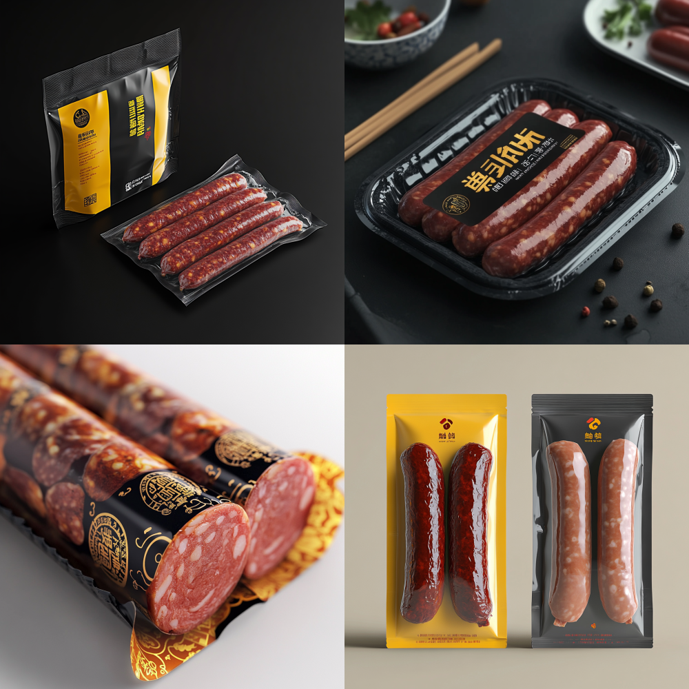 The packaging of sausage and ham features a dark smoky color on the sausage body, with enterprise standard colors of red and gold, as well as bright yellow elements. Please help me design a sausage packaging that can compensate for the dark smoky color on the sausage body, stand out in the store, and be suitable for the appetite of cooked meat products. For example, the product name and ingredient list of Harbin sausage.