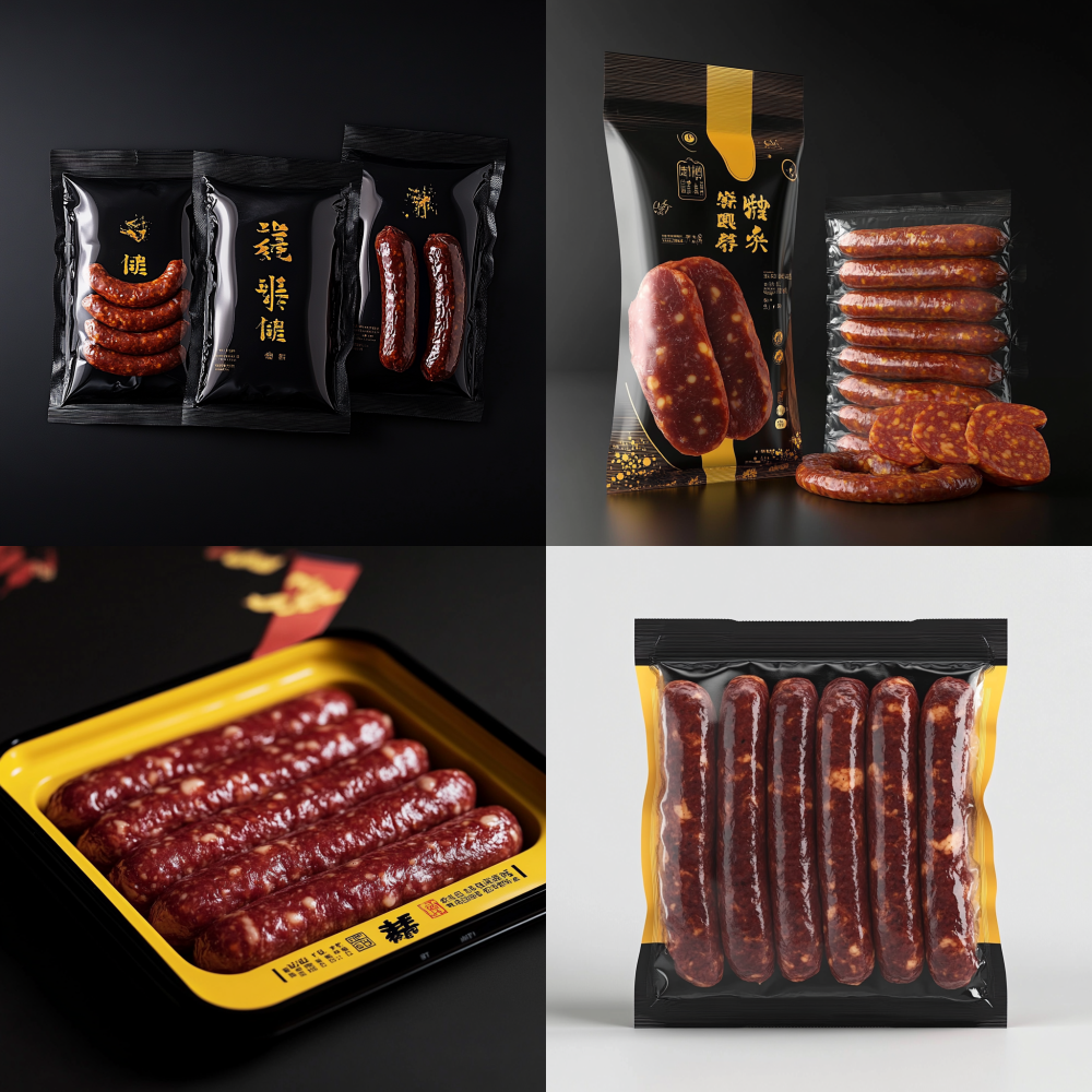 The packaging of sausage and ham features a dark smoky color on the sausage body, with enterprise standard colors of red and gold, as well as bright yellow elements. Please help me design a sausage packaging that can compensate for the dark smoky color on the sausage body, stand out in the store, and be suitable for the appetite of cooked meat products. For example, the product name of Lao Huo leg, as well as the ingredient list, manufacturer, and other related information.