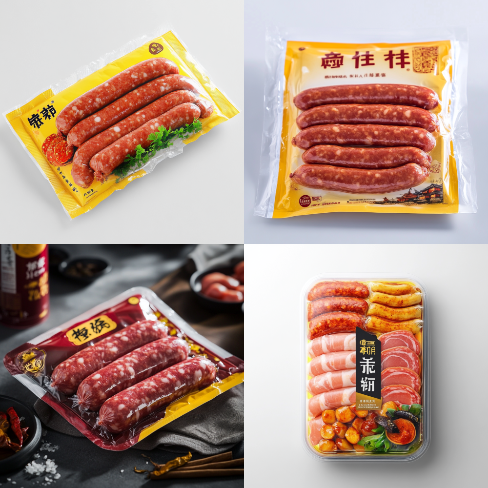 The packaging of sausage and ham has a white sausage body, with enterprise standard colors of red and gold, as well as bright yellow elements. Please help me design a sausage packaging that fits the color of the sausage body, is eye-catching in the store, and is suitable for the appetite of cooked meat products. For example, the product name of Lao Huo leg, as well as the ingredient list, manufacturer, and other related information.