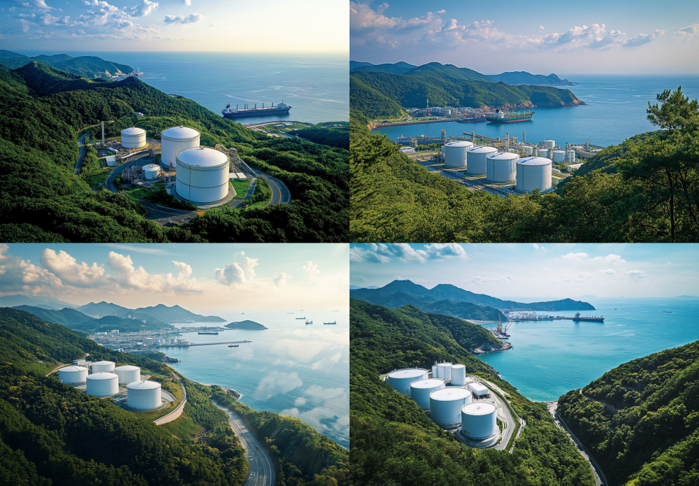 A stunning gas storage facility perched on the picturesque coast of Korea, enveloped by lush greenery and offering breathtaking views of the expansive ocean. The complex features imposing white storage tanks for natural gas, harmoniously integrated with the surrounding trees under a brilliant azure sky. Nearby, a lively port comes to life with ships gracefully navigating the shimmering waters. This scene beautifully juxtaposes the monumental scale of industrial infrastructure against the serene backdrop of nature. Captured from an aerial perspective, the image highlights the vastness and majesty of the landscape. --ar 31:21