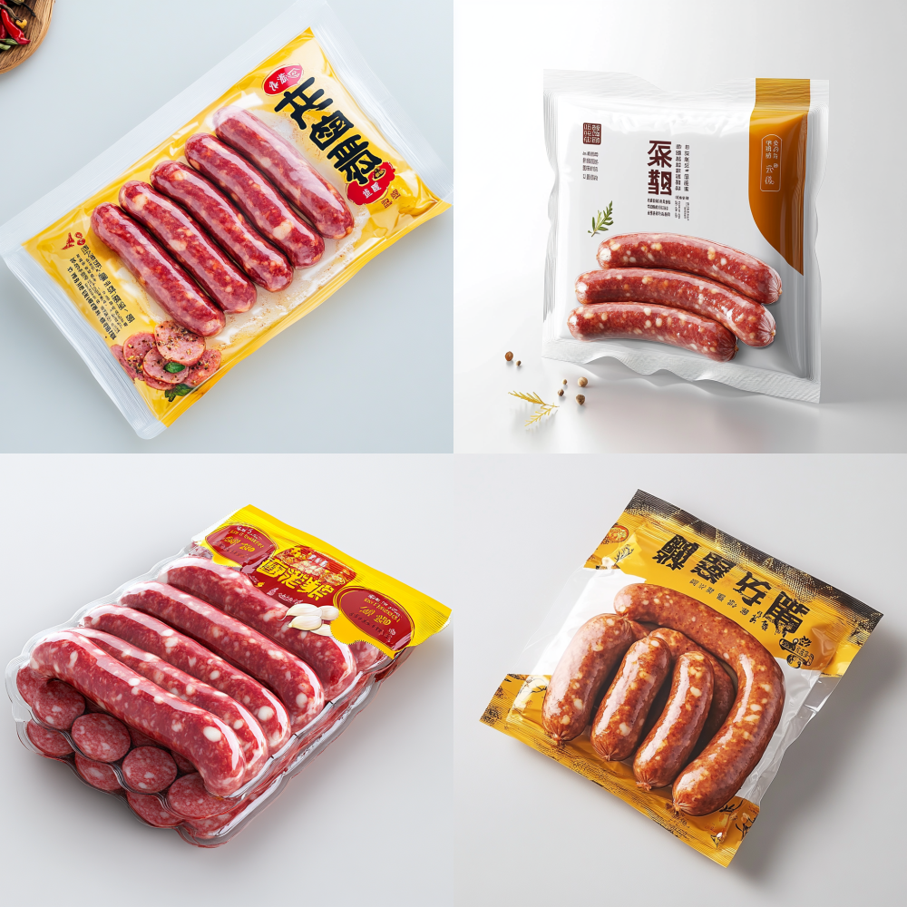 The packaging of sausage and ham is white with a fragrant brand. The enterprise standard colors are red and gold, and there are also bright yellow elements. Please help me design a sausage packaging that fits the color of the sausage body, is eye-catching in the store, and is suitable for the appetite of cooked meat products. For example, the name of the white garlic sausage, as well as the ingredient list, manufacturer, and other related information.