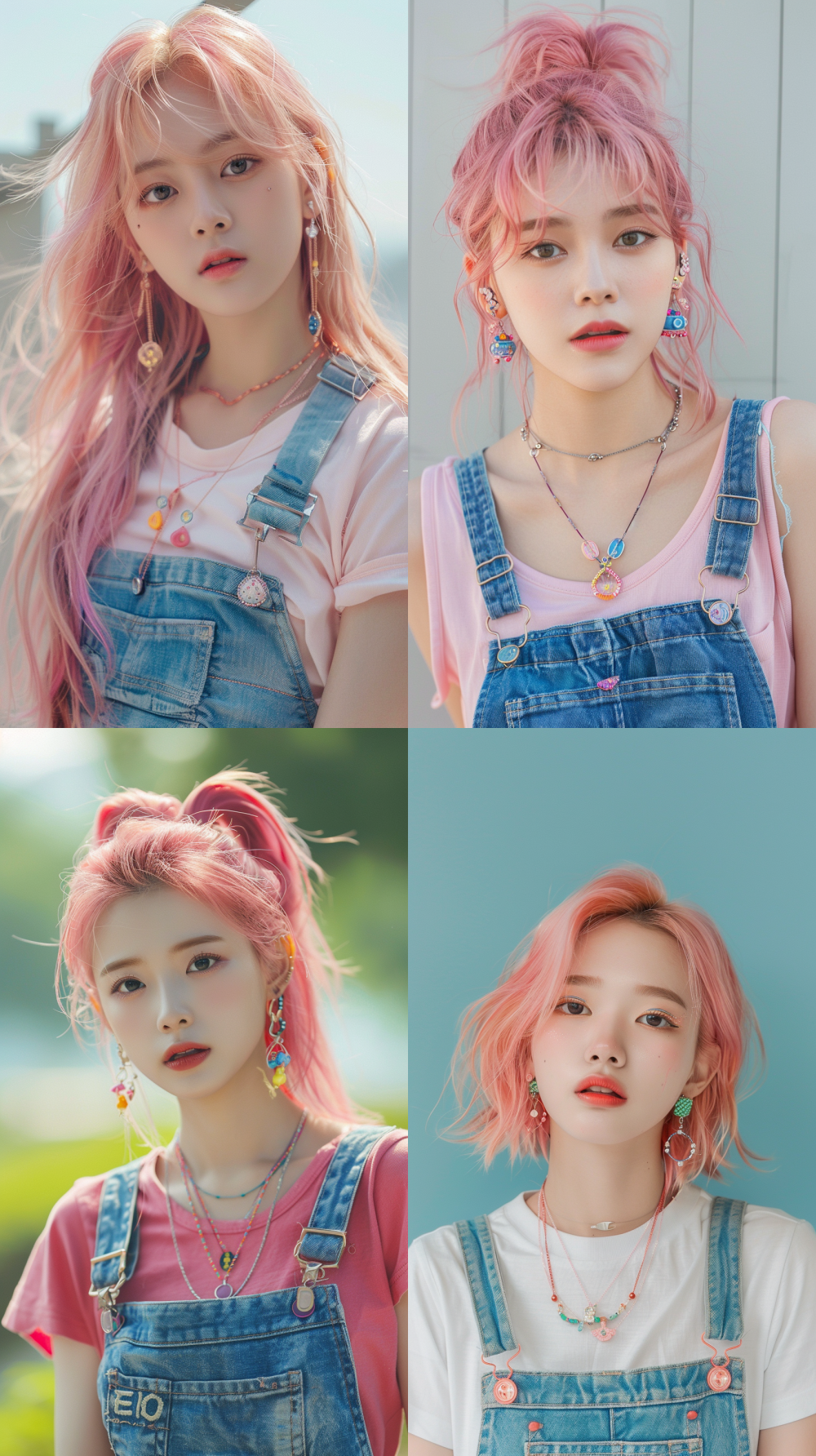 Wearing a delightful cotton T-shirt and overalls, accessories with simple colorful cute earrings and necklaces set, earrings and necklaces are small size, cheerful Korean teenage girl, pink hair color, head slightly tilted, and the camera looks straight ahead. Fresh and adorable feeling, bright natural lighting, soft background, fun and youthful feeling, surreal skin and details, lifestyle fashion photo style --v 6 --ar 9:16 --style raw