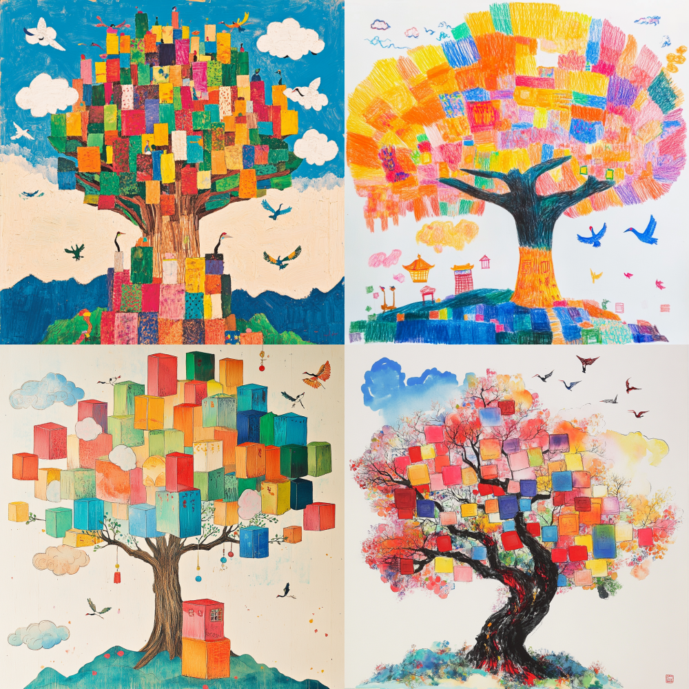 Using a child's childish brushstrokes, use crayons to freely draw crooked tree trunk lines, and the tree crown is made up of colorful irregular blocks stacked together, with bright and vibrant colors. In the blank space of the screen, traditional elements presented in simple strokes are embellished, such as small lanterns, cloud shaped auspicious clouds, and flying crane silhouettes. A large amount of blank space is imagined as the sky and earth, as if a child's eyes are filled with fantasy colors of the Eastern Forest, which is full of childlike fun and contains the flavor of Eastern culture
