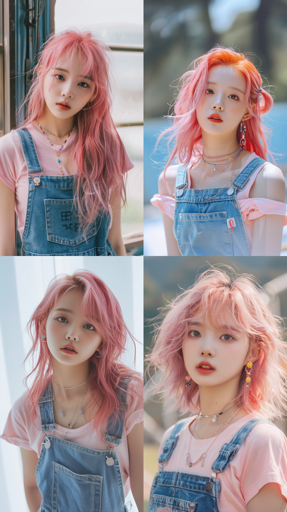 Wearing a delightful cotton T-shirt and overalls, thin suspenders, colorful cute ear studs and necklace set accessories in a simple style, ear studs and necklaces in small sizes, Korean teenage girls in cute and cheerful styles, pink hair, and a slightly tilted head with a humorous expression, the camera looks straight ahead. Fresh and lovely feeling, bright natural lighting, soft background, fun and youthful feeling, surreal skin and details, lifestyle fashion photo style --v 6 --ar 9:16 --style raw